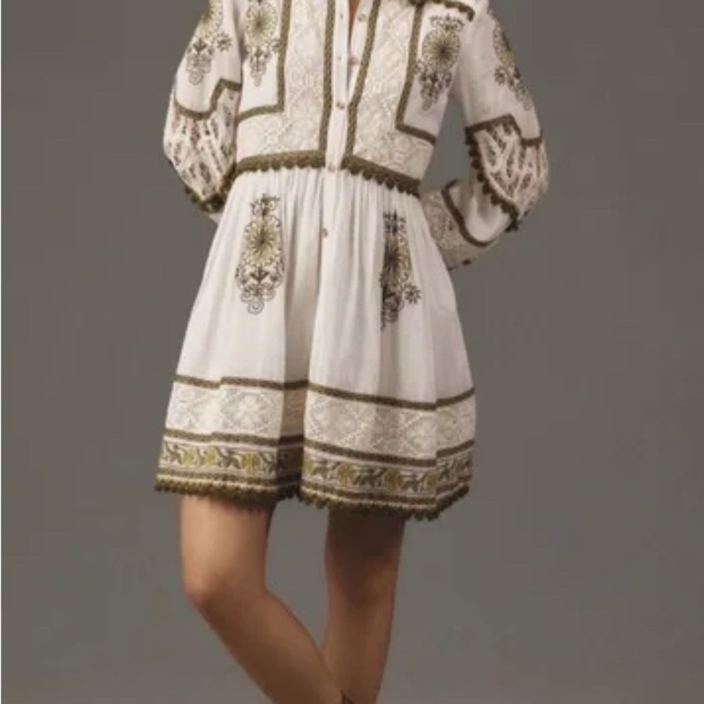 Anthropologie Maeve Ivory and Olive Embroidered Long Sleeve Dress